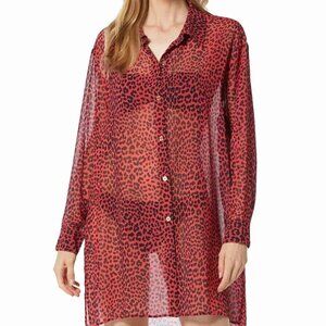 Michael Kors Sheer Leopard Button Cover-Up Shirt Red Size L
